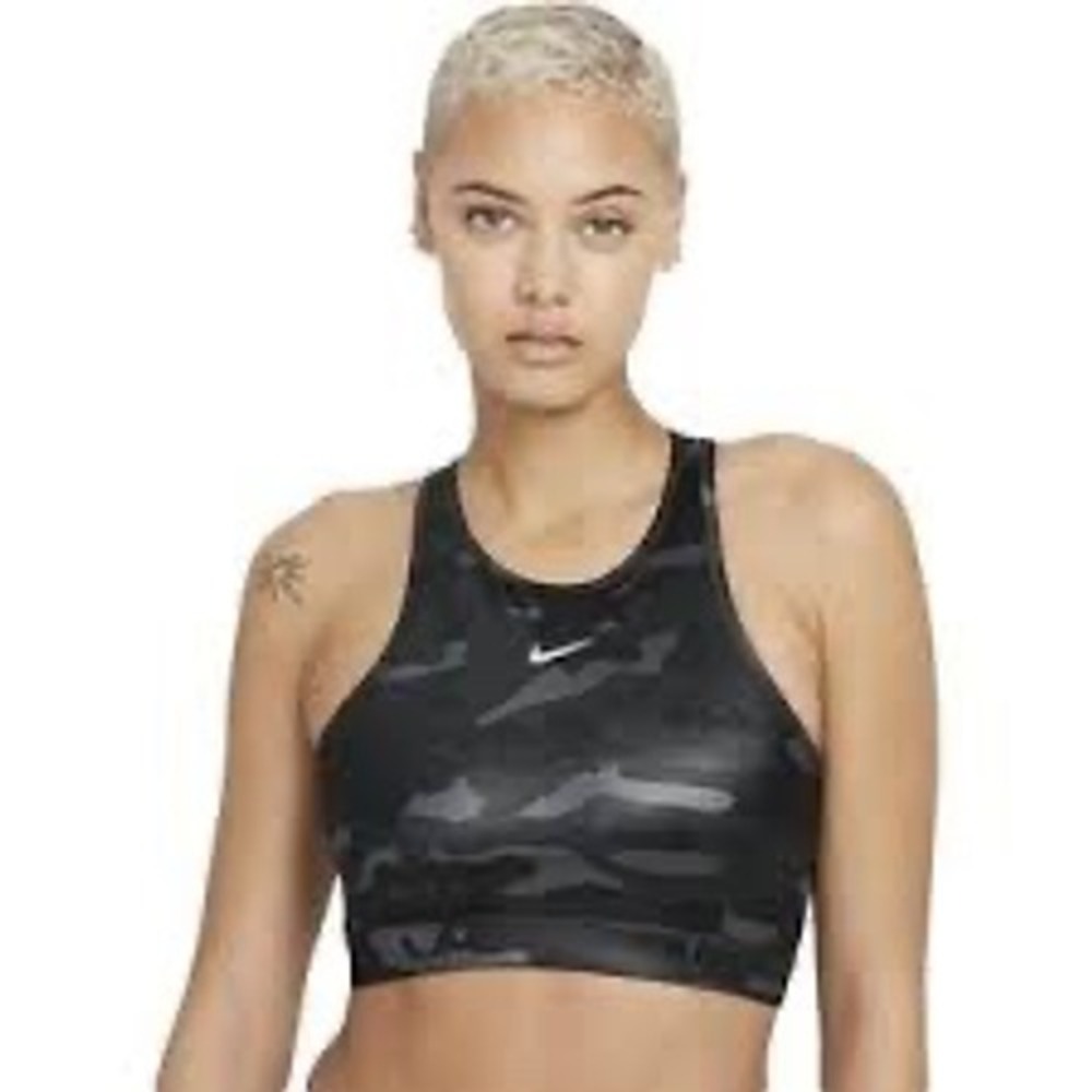 Nike Womens Dri-FIT Camo High Neck Sports Bra Black Charcoal Racerback Small